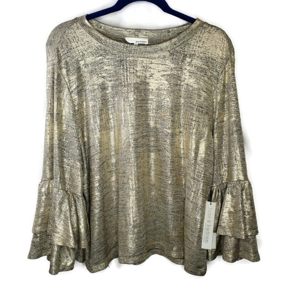 June & Hudson Callan Metallic Ruffle Sleeve Knit Top Gold Size Large NWT - Picture 2 of 8